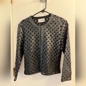 Joseph Ribkoff Black Faux Leather Crisscross Lattice Pattern Mesh Jacket